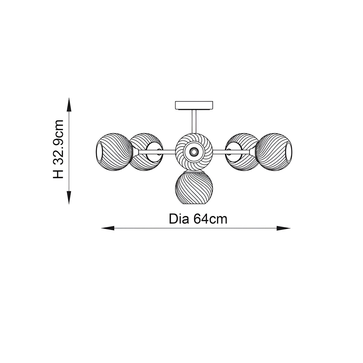 Line drawing of the Georgiana 6 Light Semi-Flush Ceiling Light in nickel with six textured glass globes, 64cm diameter x 32.9cm height.