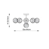 Line drawing of the Georgiana 6 Light Semi-Flush Ceiling Light in nickel with six textured glass globes, 64cm diameter x 32.9cm height.