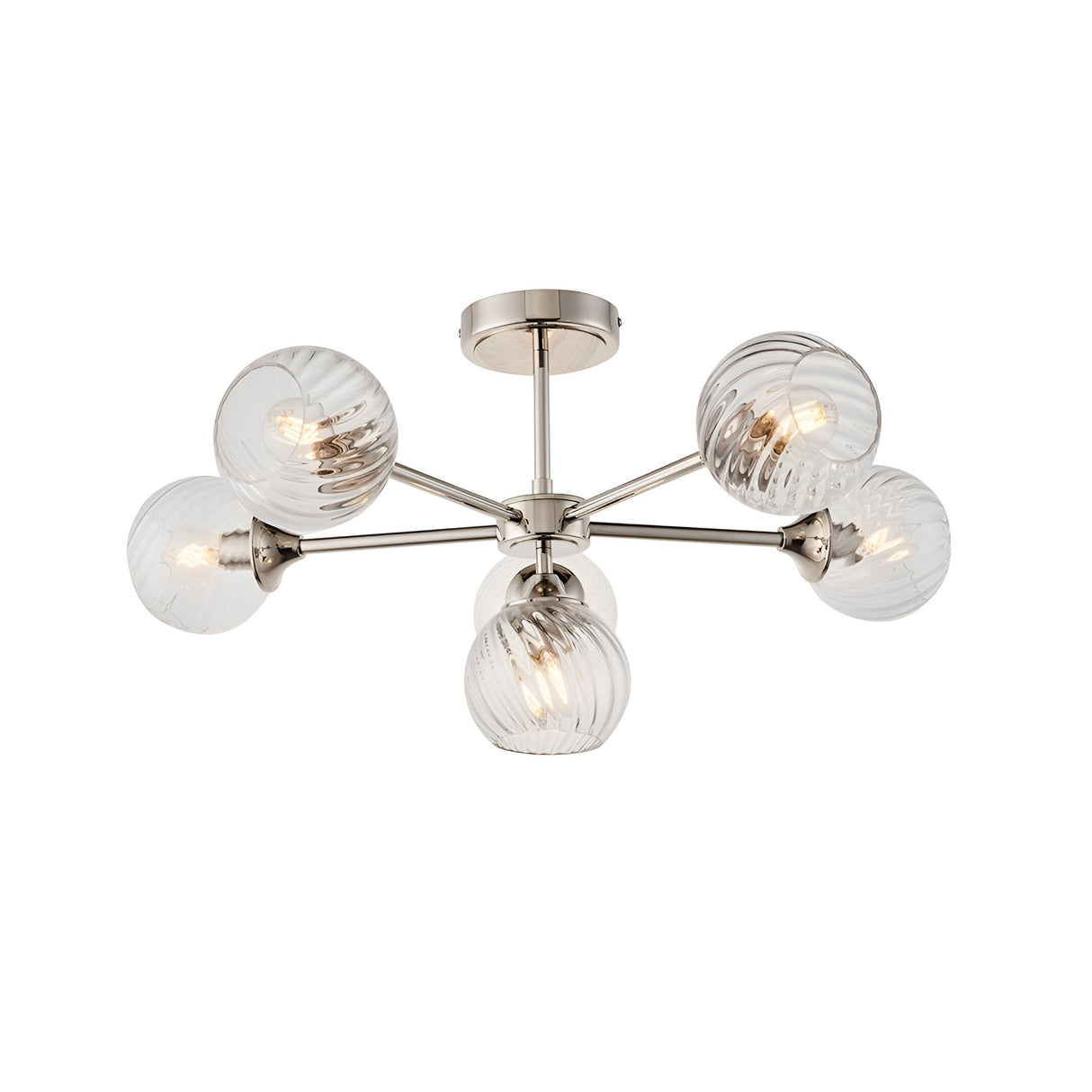 Georgiana 6 Light Semi-Flush Ceiling Light in nickel with clear ribbed glass globe shades on splayed arms around a central ceiling plate.