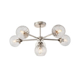 Georgiana 6 Light Semi-Flush Ceiling Light in nickel with clear ribbed glass globe shades on splayed arms around a central ceiling plate.