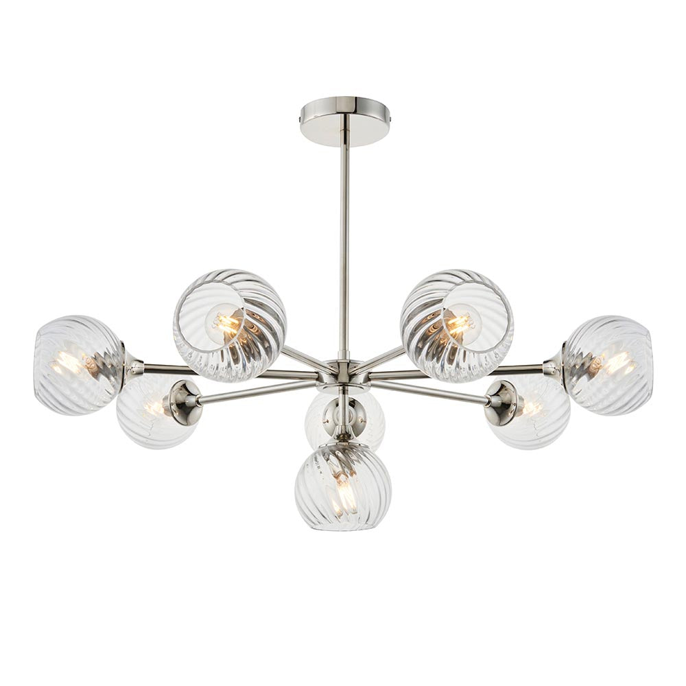Endon Georgiana 8-light semi-flush pendant with spiral-cut clear glass globes on a nickel-plated metal frame, shown against a plain white background.