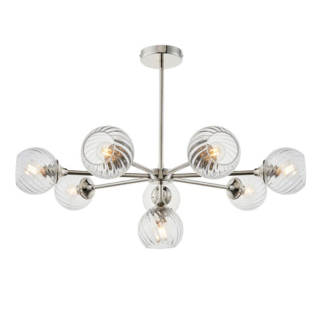 Endon Georgiana 8-light semi-flush pendant with spiral-cut clear glass globes on a nickel-plated metal frame, shown against a plain white background.