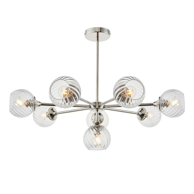 Endon Georgiana 8-light semi-flush pendant with spiral-cut clear glass globes on a nickel-plated metal frame, shown against a plain white background.