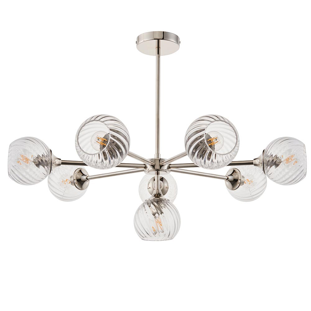 Endon Georgiana 8 light semi-flush pendant with spiral-cut clear glass globe shades on a nickel-plated arm frame, shown on a white background.