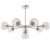 Endon Georgiana 8 light semi-flush pendant with spiral-cut clear glass globe shades on a nickel-plated arm frame, shown on a white background.
