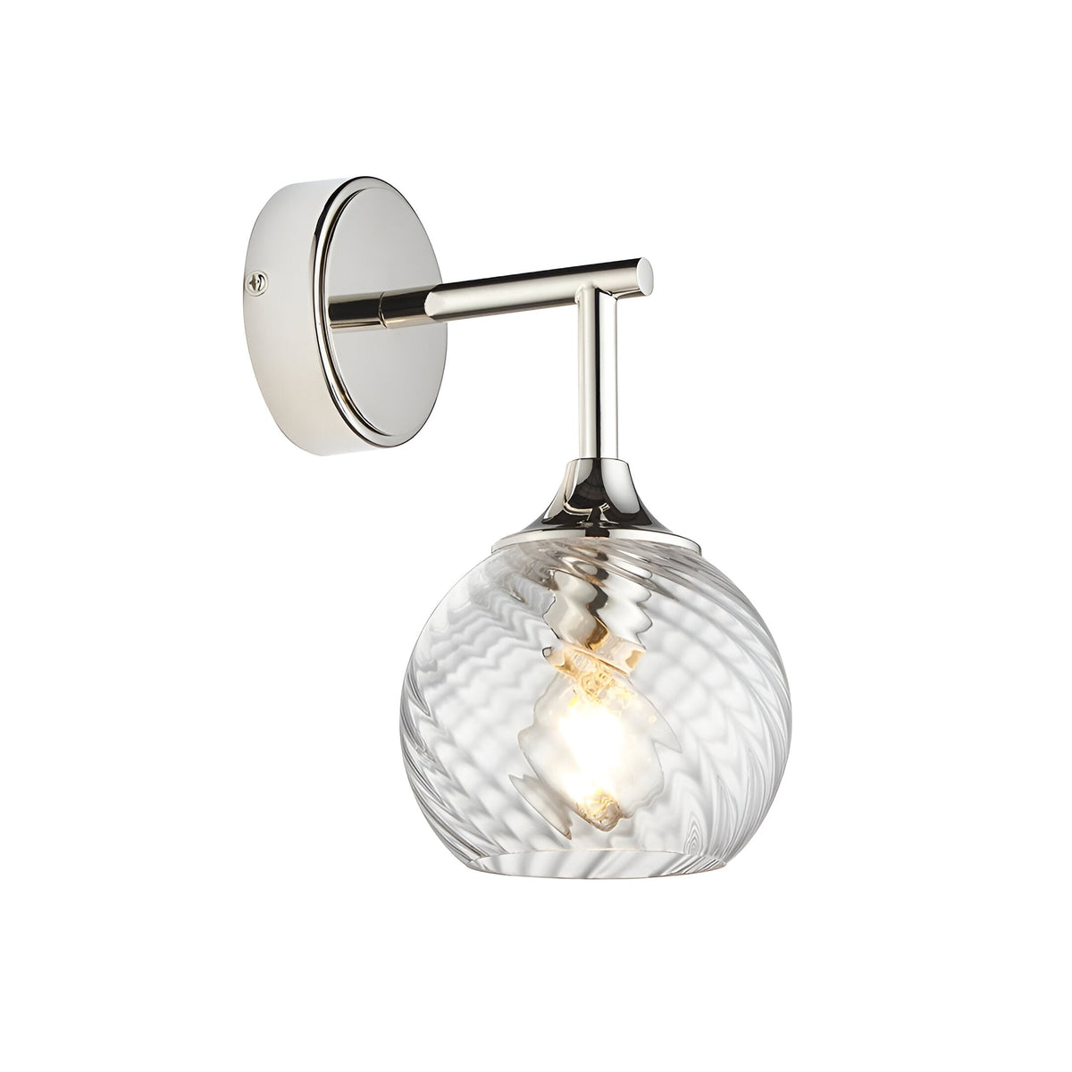 Endon Georgiana wall light with a single spiral-patterned clear glass globe shade on a polished nickel arm and round backplate, on a white background.