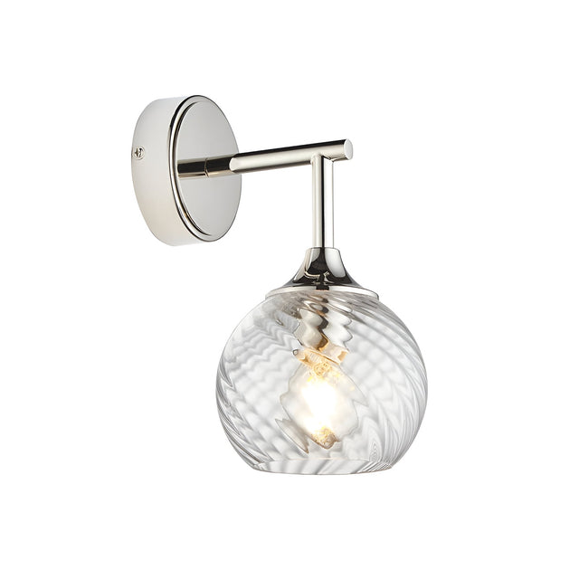 Endon Georgiana wall light with a single spiral-patterned clear glass globe shade on a polished nickel arm and round backplate, on a white background.