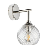 Endon Georgiana wall light with a single spiral-patterned clear glass globe shade on a nickel-plated metal arm and round backplate, on a white background.