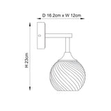 Dimensioned line drawing of the Endon Georgiana nickel wall light with spiral glass globe shade, showing 23cm height and 16.2 x 12cm footprint.