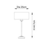 Dimension diagram of the Endon Brenley table lamp showing a 25cm diameter shade and 44.7cm height on a plain white background.