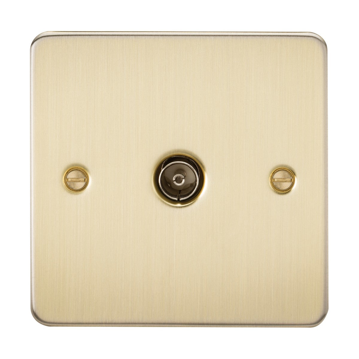 Introducing the TV Outlet (Non-Isolated) in Brushed Brass, which boasts an ultra-low profile design and a brushed finish. Featuring a central circular input perfect for coaxial TV connections and two screws for easy mounting, its simple yet elegant design makes it ideal for decorative purposes.