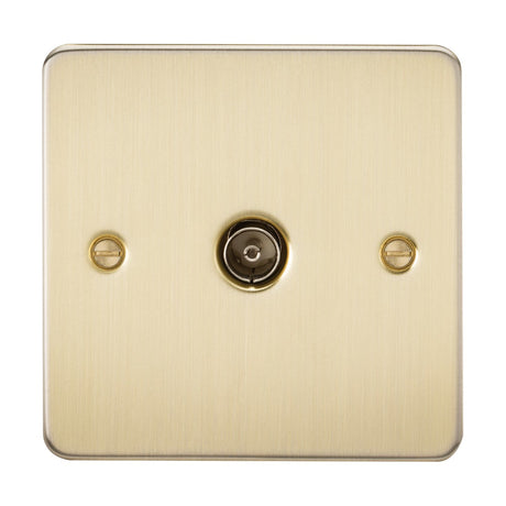 Introducing the TV Outlet (Non-Isolated) in Brushed Brass, which boasts an ultra-low profile design and a brushed finish. Featuring a central circular input perfect for coaxial TV connections and two screws for easy mounting, its simple yet elegant design makes it ideal for decorative purposes.