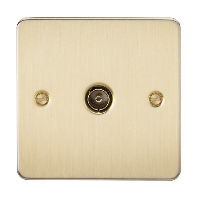 Introducing the TV Outlet (Non-Isolated) in Brushed Brass, which boasts an ultra-low profile design and a brushed finish. Featuring a central circular input perfect for coaxial TV connections and two screws for easy mounting, its simple yet elegant design makes it ideal for decorative purposes.