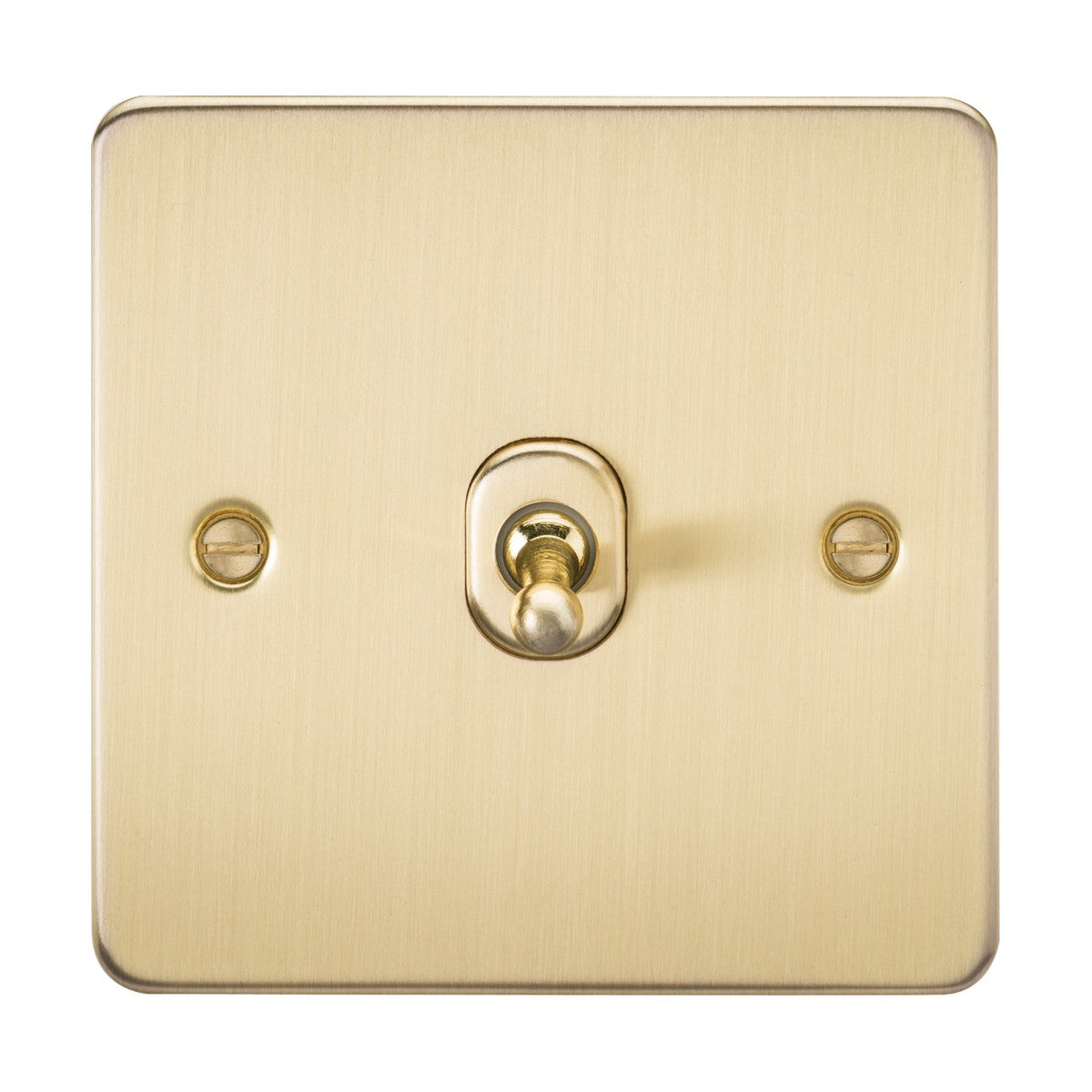 The 10AX 1 Gang Intermediate Toggle Switch - Brushed Brass (Flat Plate) features a simple, stylish design with a centered square switch and two visible screws, showcasing the metallic texture and tone for both style and functionality.