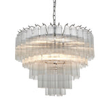 Endon Cranshaw 12 light tiered pendant with ribbed clear glass cylinders layered on polished chrome metalwork, suspended from a chain.