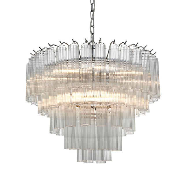 Endon Cranshaw 12 light tiered pendant with ribbed clear glass cylinders layered on polished chrome metalwork, suspended from a chain.