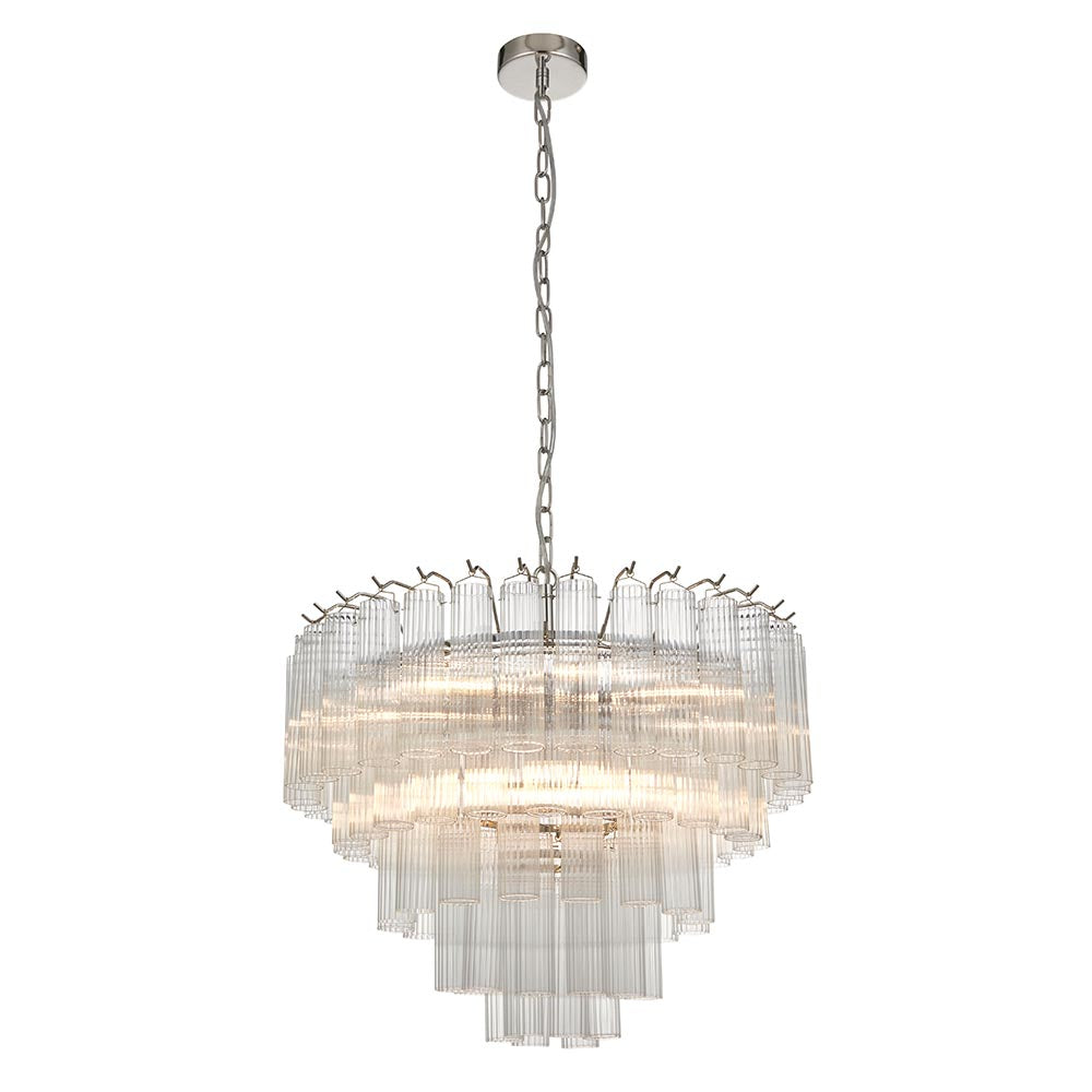 Endon Cranshaw 12 light tiered pendant in polished chrome with ribbed clear glass cylinders layered around the frame, suspended from a chain.