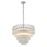 Endon Cranshaw 12 light tiered pendant in polished chrome with ribbed clear glass cylinders layered around the frame, suspended from a chain.