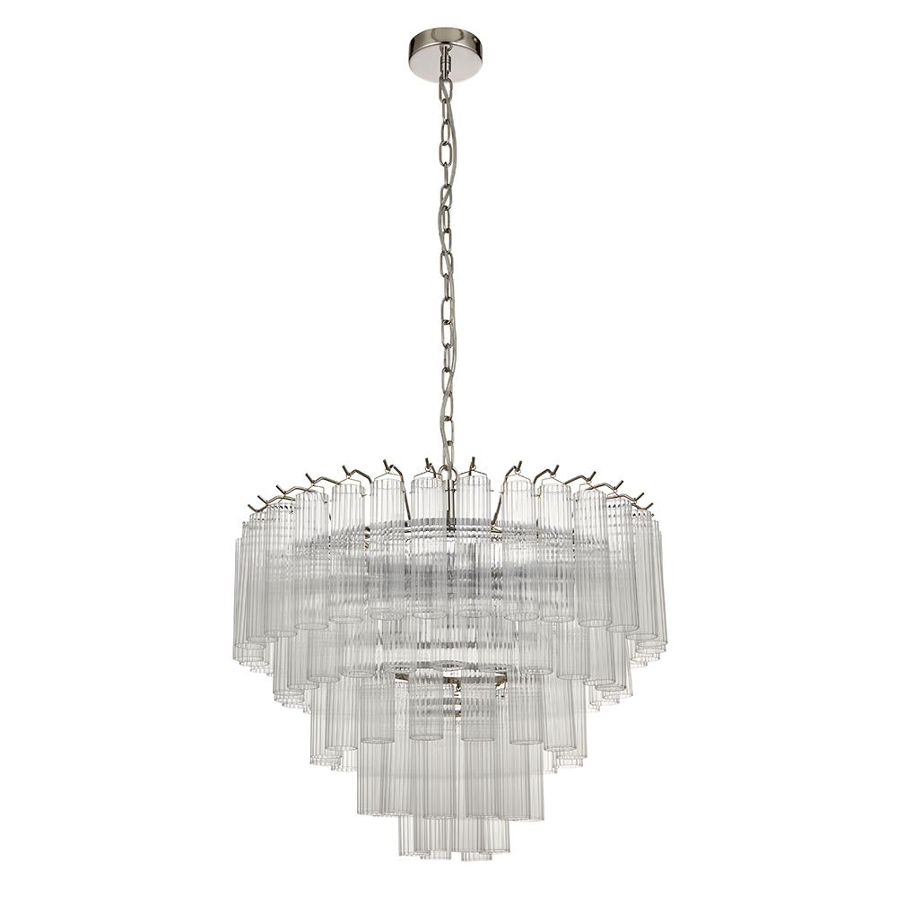 Endon Cranshaw 12 Light Tiered Pendant in polished chrome with layered ribbed clear glass cylinders and chain suspension, on a plain white background.