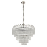 Endon Cranshaw 12 Light Tiered Pendant in polished chrome with layered ribbed clear glass cylinders and chain suspension, on a plain white background.