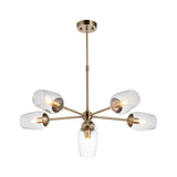 Caldworth 6-Light Pendant in brass with curved arms, six clear glass shades, E14 bulbs, and an adjustable stem.