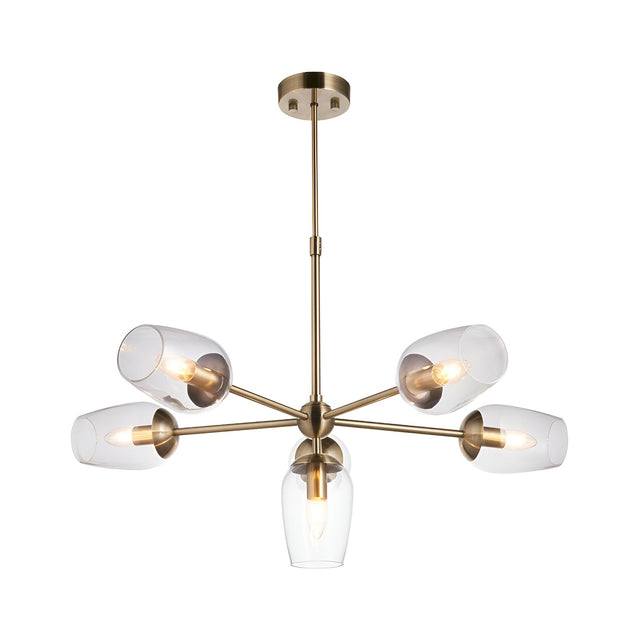 Caldworth 6-Light Pendant in brass with curved arms, six clear glass shades, E14 bulbs, and an adjustable stem.