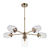 Caldworth 6 Light Pendant in brass with curved arms and clear glass shades on a telescopic stem, shown against a plain white background.