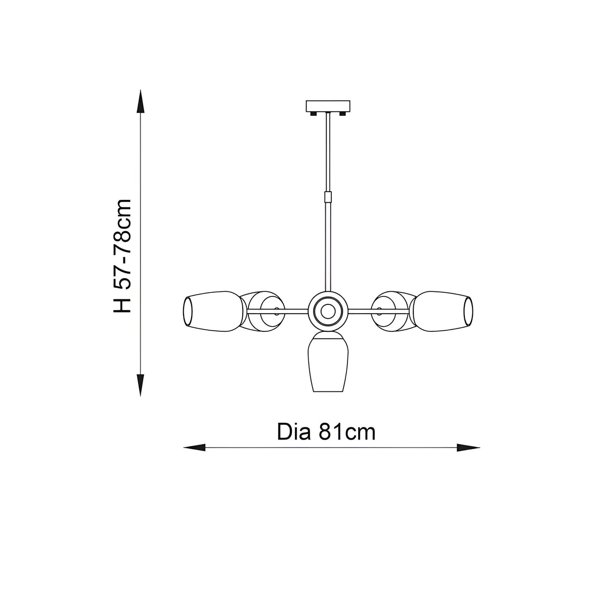 Line drawing of the Caldworth 6 Light Pendant in brass with curved arms, cylindrical shades, and an adjustable stem, H 57-78cm, Dia 81cm.