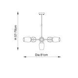 Line drawing of the Caldworth 6 Light Pendant in brass with curved arms, cylindrical shades, and an adjustable stem, H 57-78cm, Dia 81cm.