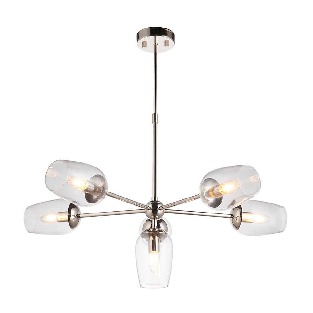 Endon Caldworth 6 Light Pendant in nickel with slender curved arms, clear blown glass shades and a telescopic stem, shown on a plain white background.