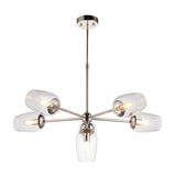 Endon Caldworth 6 Light Pendant in nickel with slender curved arms, clear blown glass shades and a telescopic stem, shown on a plain white background.