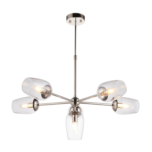 Endon Caldworth 6 Light Pendant in nickel with slender curved arms, clear blown glass shades and a telescopic stem, shown on a plain white background.