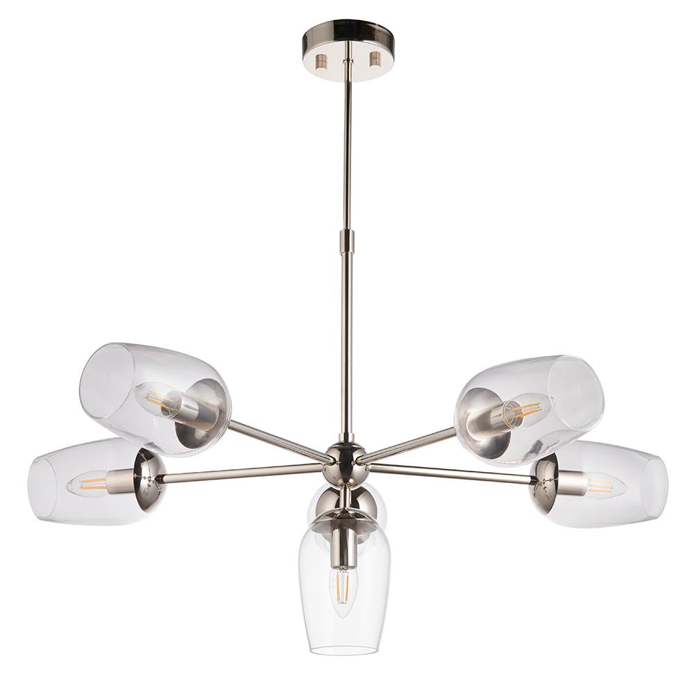 Endon Caldworth 6 Light Pendant in nickel with six curved arms and clear blown glass shades on a telescopic stem, shown on a white background.