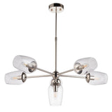 Endon Caldworth 6 Light Pendant in nickel with six curved arms and clear blown glass shades on a telescopic stem, shown on a white background.