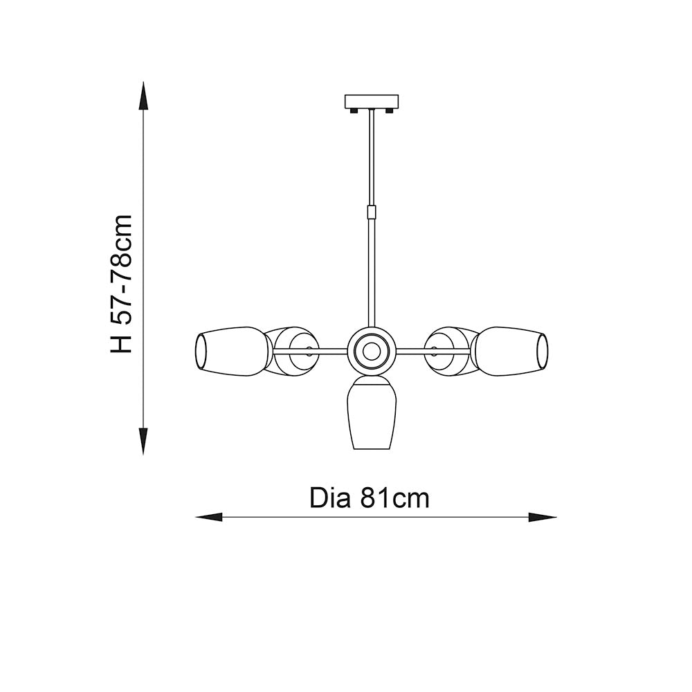 Dimensions diagram of the Endon Caldworth 6 Light Pendant in nickel, showing an 81cm diameter and adjustable height of 57–78cm.