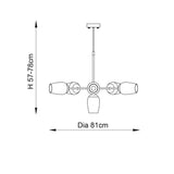 Dimensions diagram of the Endon Caldworth 6 Light Pendant in nickel, showing an 81cm diameter and adjustable height of 57–78cm.