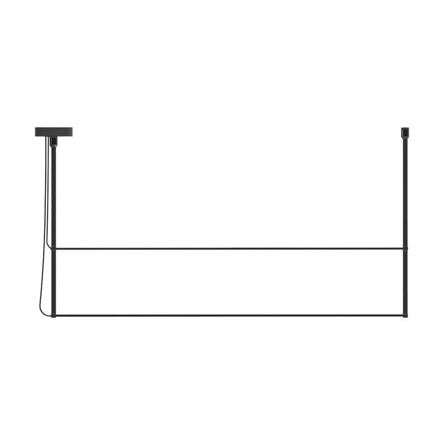 René Duo Horizontal LED Linear Pendant Light in matt black, with two slim bars suspended between upright rods and a round ceiling canopy, shown on a plain white background.