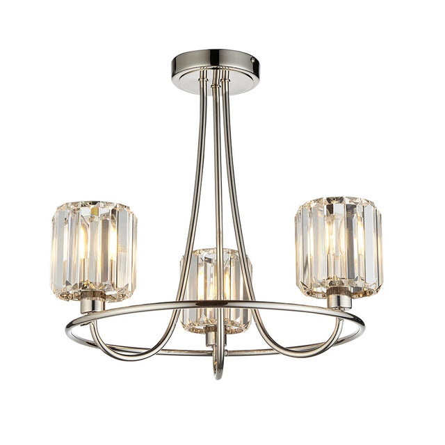 Clementine 3 Light Semi-Flush Ceiling Light in nickel with curved arms and faceted crystal glass shades, shown on a plain white background.
