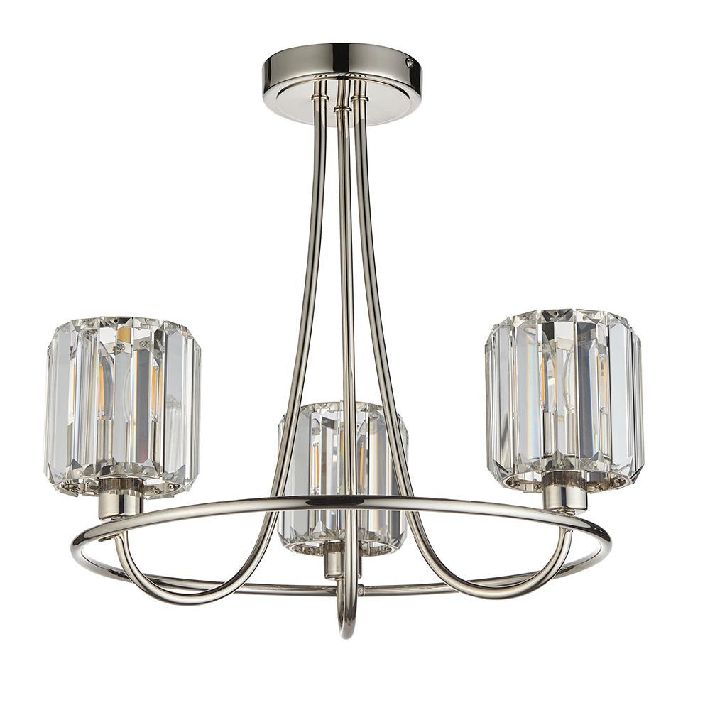 Clementine 3 Light Semi-Flush Ceiling Light in nickel, with three curved arms and faceted crystal-effect glass shades on a plain white background.