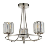 Clementine 3 Light Semi-Flush Ceiling Light in nickel, with three curved arms and faceted crystal-effect glass shades on a plain white background.