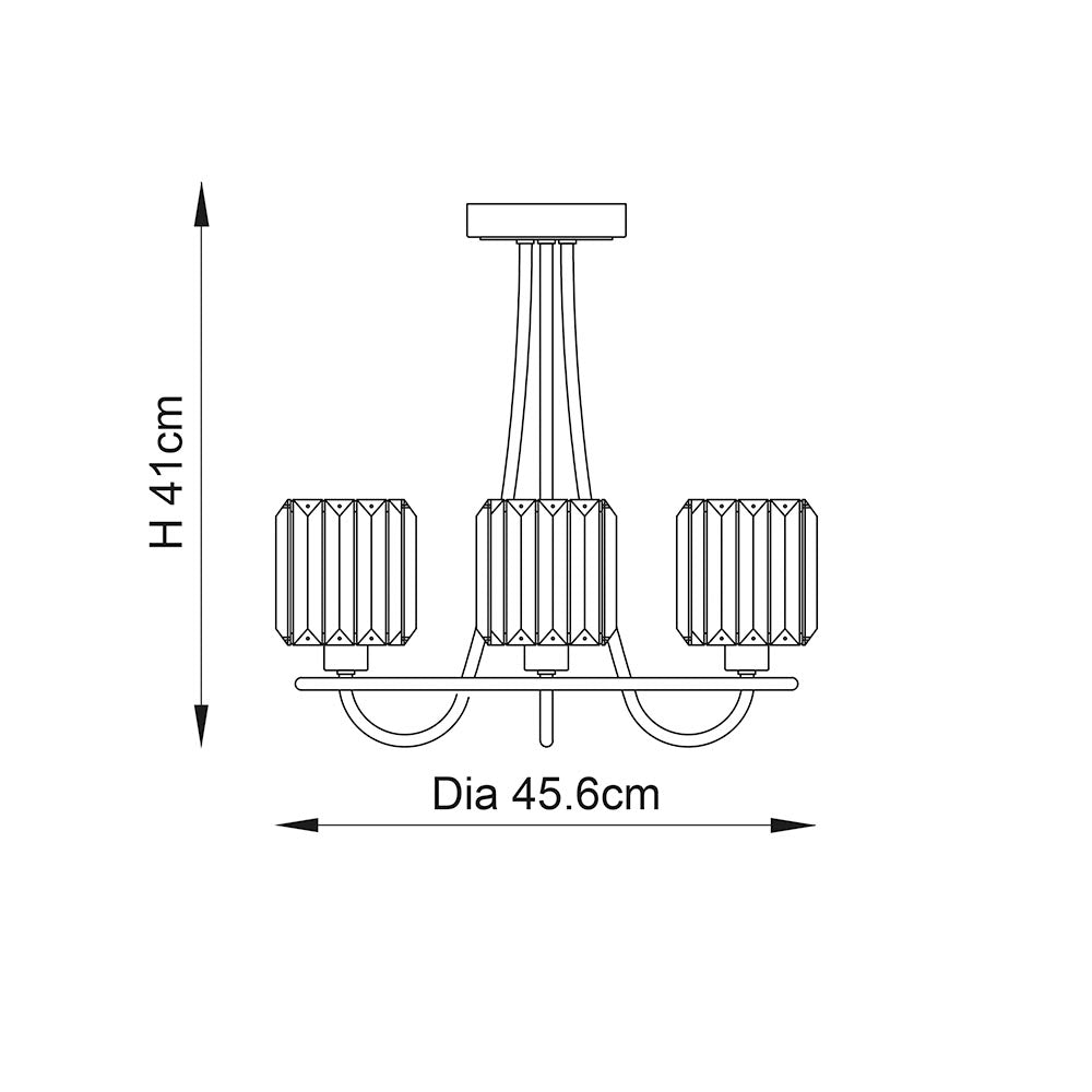 Line drawing of the Clementine 3 Light Semi-Flush Ceiling Light in nickel with three ridged glass shades on curved arms, 45.6cm diameter, 41cm height.