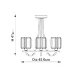Line drawing of the Clementine 3 Light Semi-Flush Ceiling Light in nickel with three ridged glass shades on curved arms, 45.6cm diameter, 41cm height.