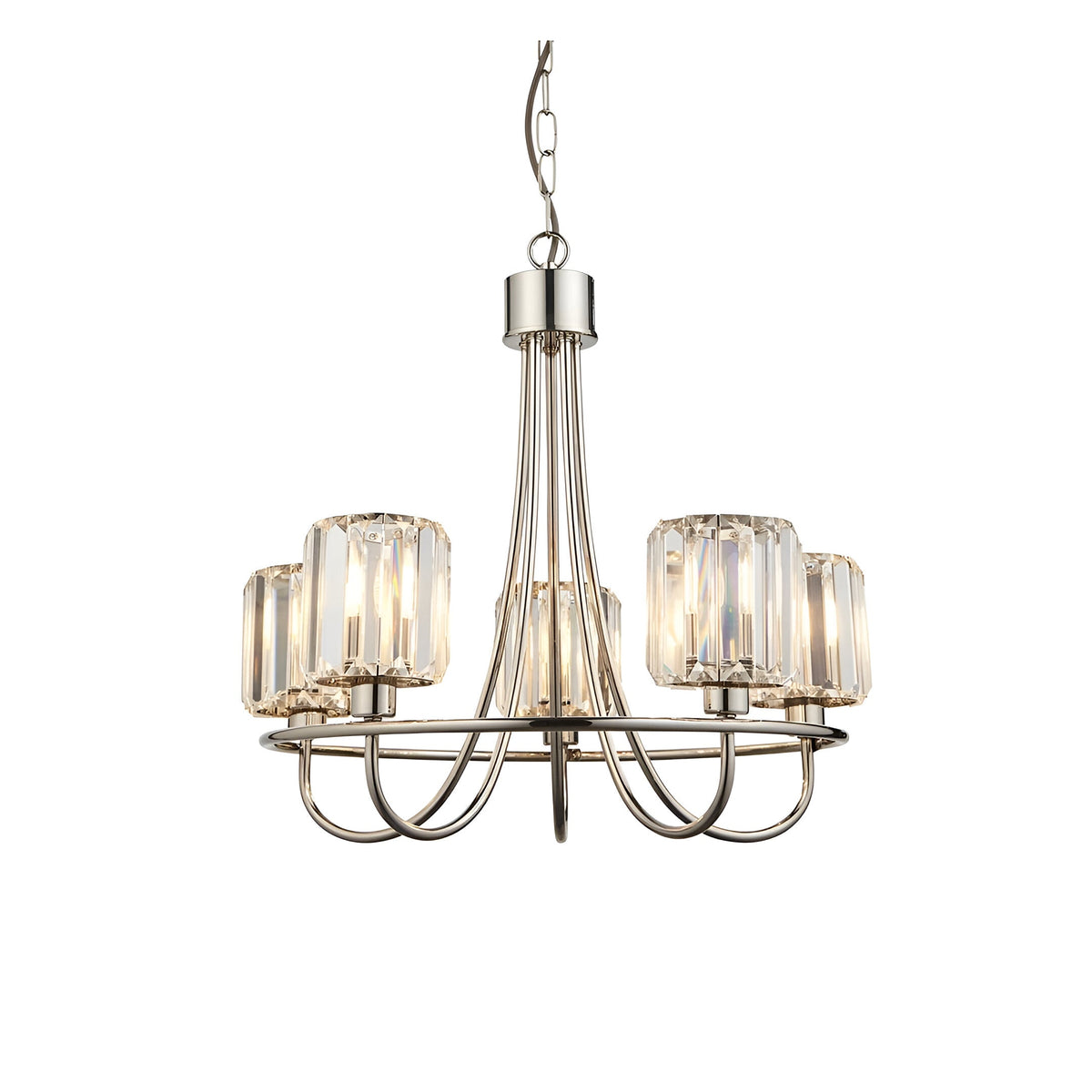 Clementine 5 Light Pendant in nickel, with five faceted crystal glass shades on curved metal arms and a chain suspension, shown on a plain white background.