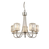 Clementine 5 Light Pendant in nickel, with five faceted crystal glass shades on curved metal arms and a chain suspension, shown on a plain white background.