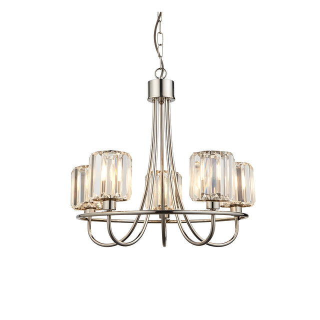Clementine 5 Light Pendant in nickel, with five faceted crystal glass shades on curved metal arms and a chain suspension, shown on a plain white background.