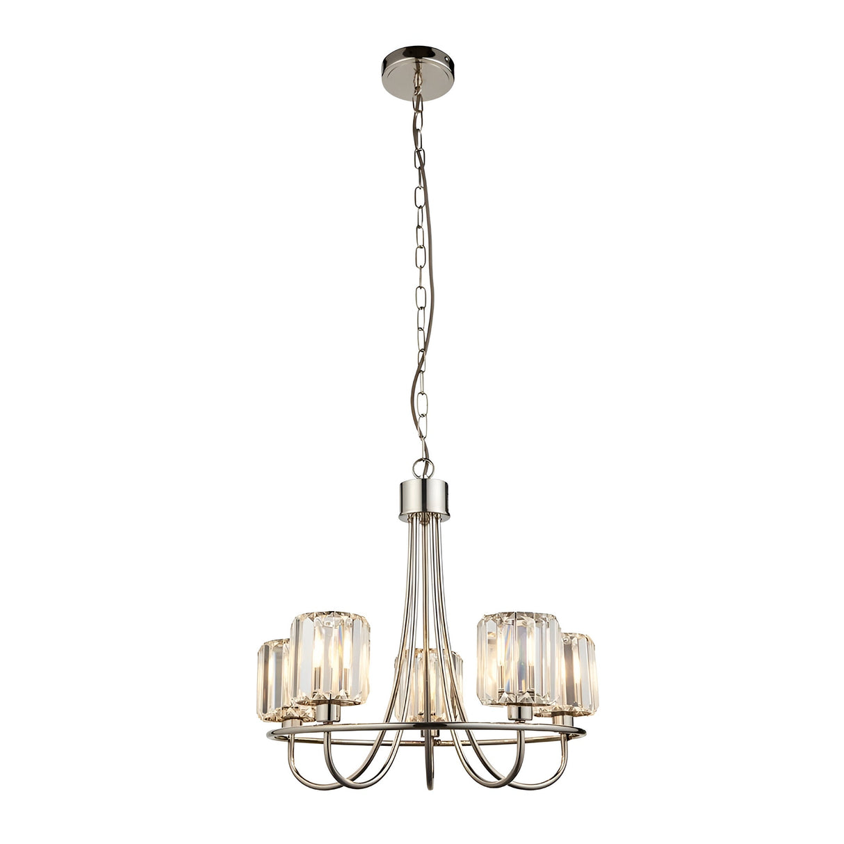 Clementine 5 Light Pendant in nickel with curved arms holding five faceted glass shades, suspended from a chain, shown on a plain white background.