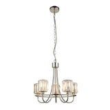 Clementine 5 Light Pendant in nickel with curved arms holding five faceted glass shades, suspended from a chain, shown on a plain white background.