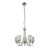 Clementine 5 Light Pendant in nickel, featuring curved metal arms with five faceted crystal glass shades, suspended from a chain on a plain white background.