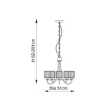Clementine 5-light pendant in nickel, line drawing showing five curved arms with faceted glass shades, adjustable drop, height 62-201cm, diameter 51cm.