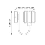 Dimensioned line drawing of the Endon Clementine nickel wall light showing height 21.5cm, width 10.5cm and 18.5cm projection from the wall.